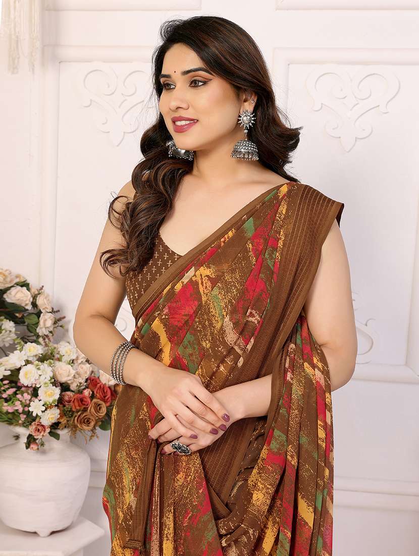 women brown printed saree with blouse - 21709474 -  Standard Image - 2