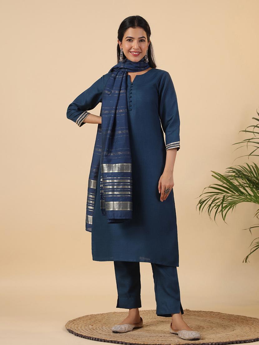 women three quarter sleeve kurta pant with dupatta set