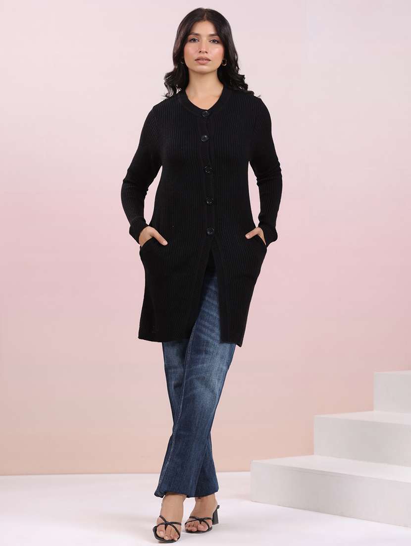 women black solid long sleeve cardigan - 21709517 -  Zoom Image - 0