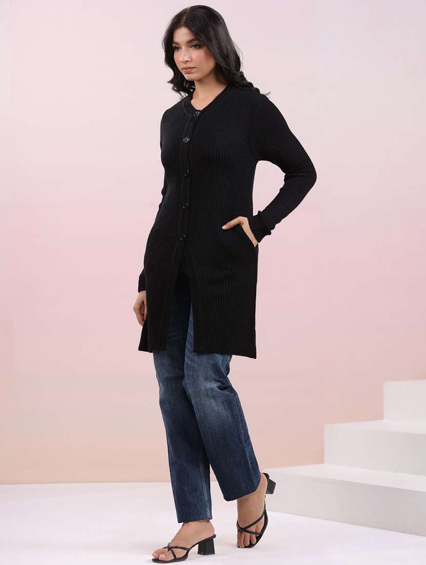 women black solid long sleeve cardigan - 21709517 - Standard Image - 2