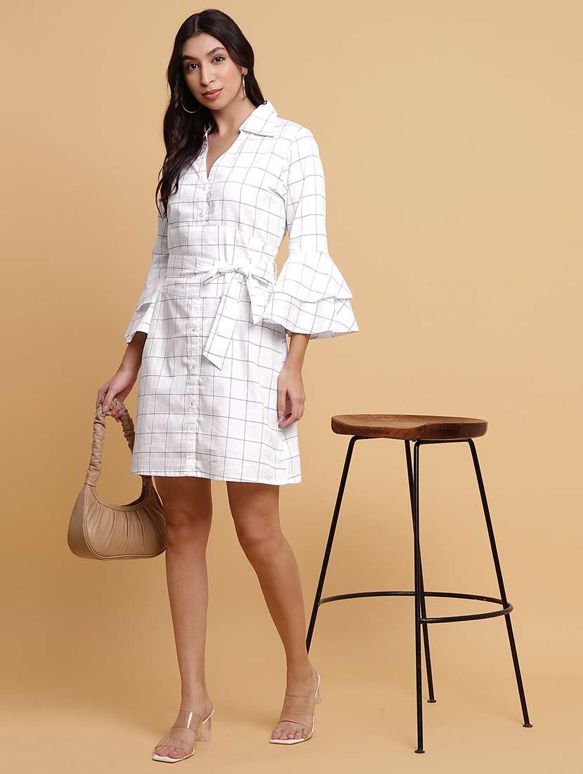 women checkered collared bell sleeves a-line dress