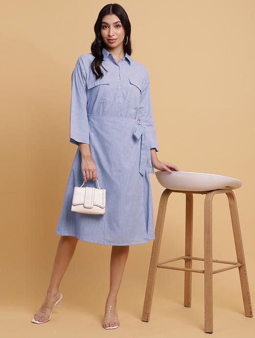 women striped collared wrap dress - 21709534 -  Standard Image - 0