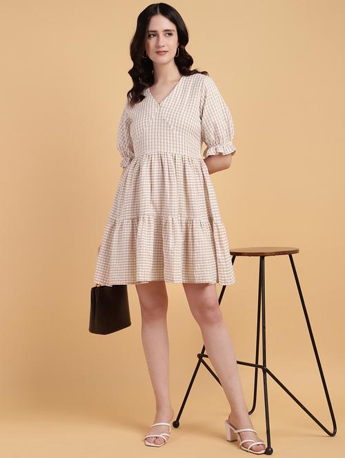women checkered elbow sleeves tiered dress - 21709540 - Standard Image - 0