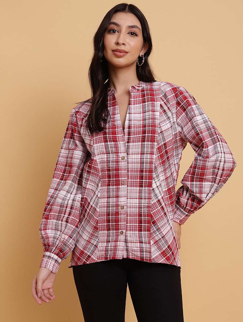women checkered puff sleeves shirt