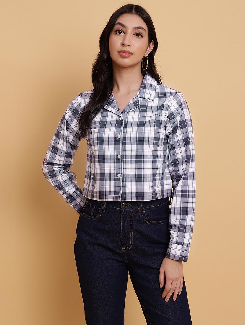 women checkered collared crop shirt - 21709565 -  Zoom Image - 0
