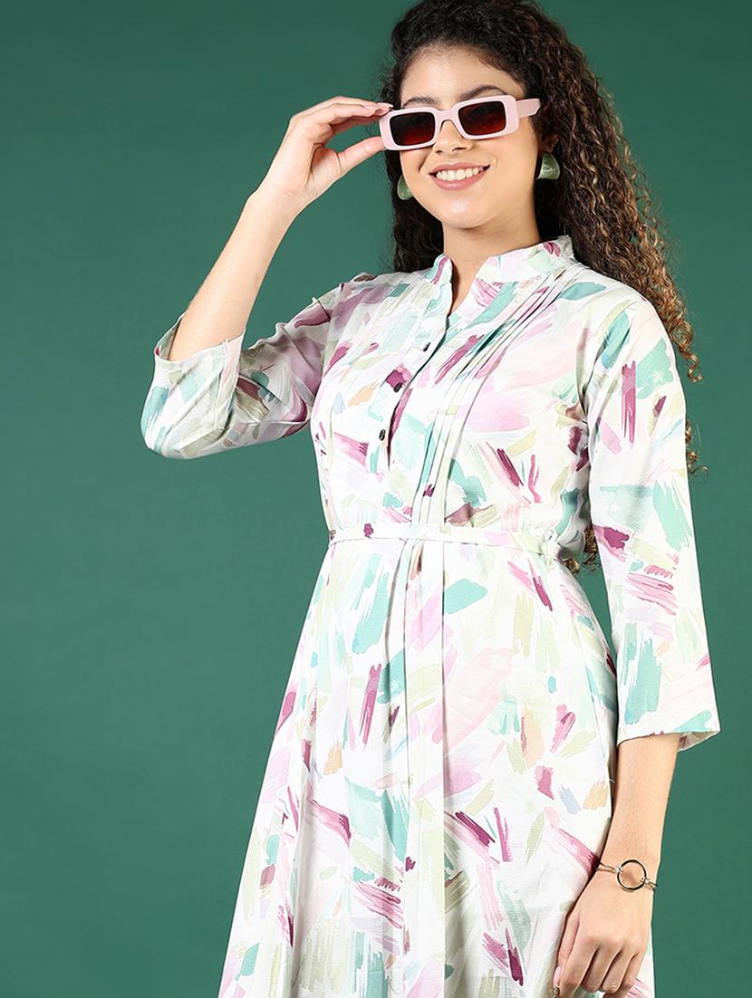 women printed mandarin neck a-line dress - 21709666 - Zoom Image - 0