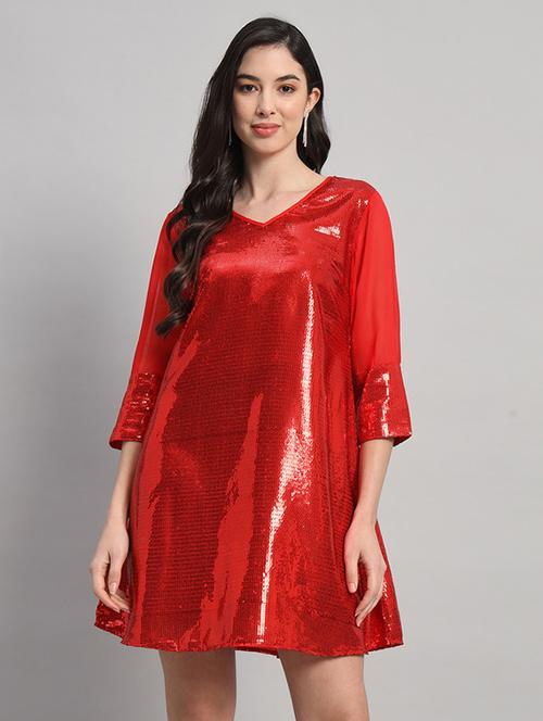 women sequined three quarter sleeves a-line dress - 21709712 -  Standard Image - 0