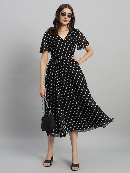 women polka doted puff sleeves fit & flaree dress - 21709718 -  Standard Image - 0