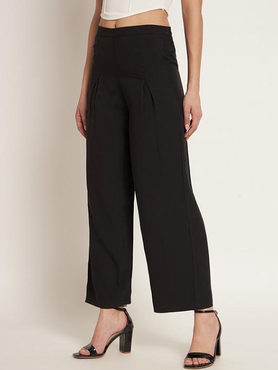 women solid high rise wide leg trouser