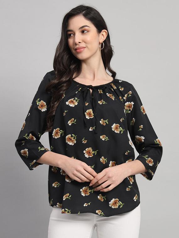 women floral print tie up neck regular top - 21709786 -  Zoom Image - 0