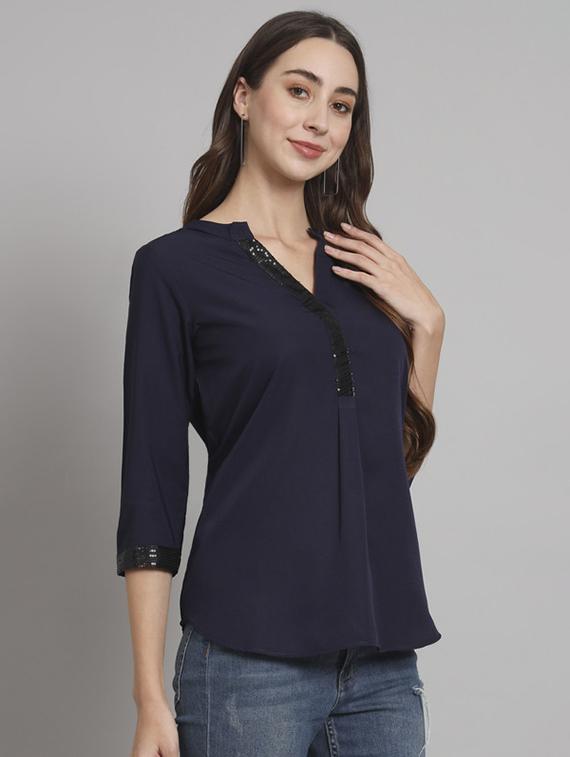 women solid mandarin neck regular top - 21709810 - Standard Image - 2