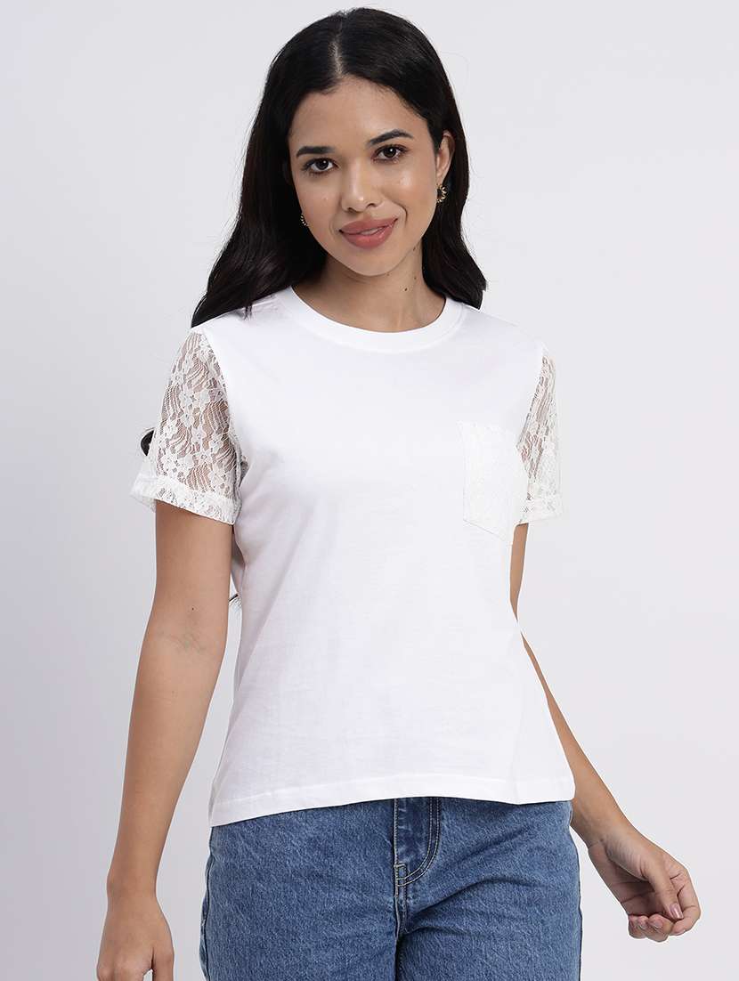 women solid laced short sleeves t-shirt