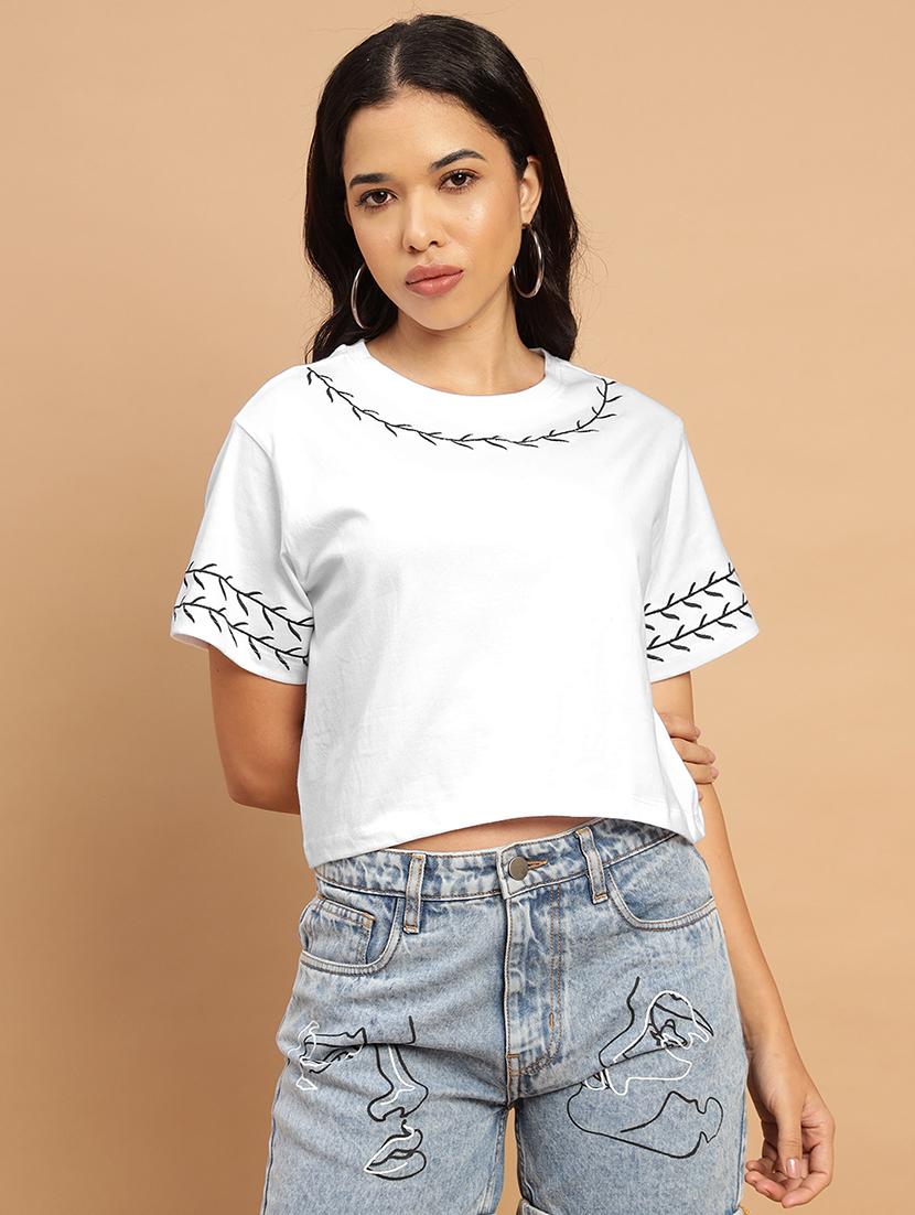 women embroidered short sleeves crop t-shirt - 21709846 - Zoom Image - 0