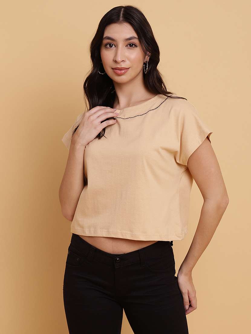 women solid short sleeves crop t-shirt