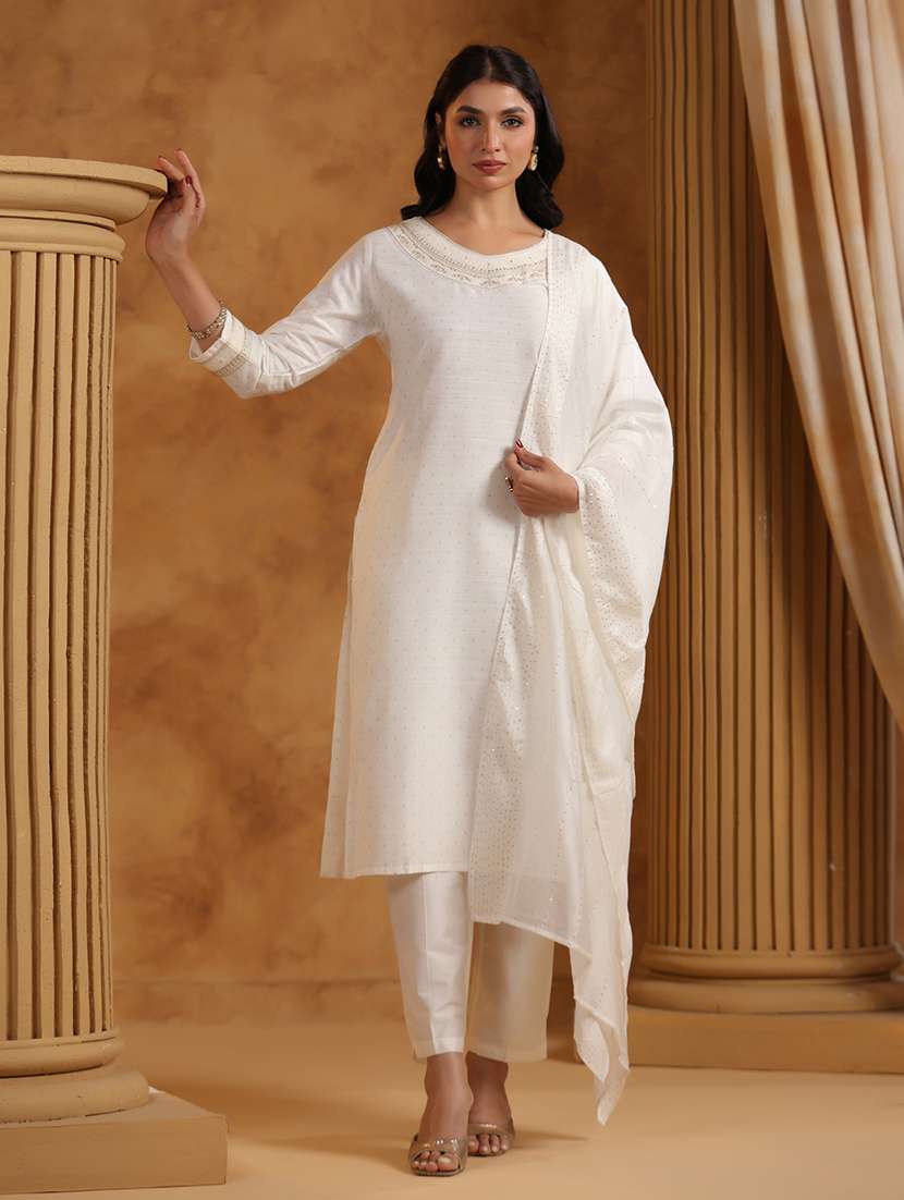 women three quarter sleeve kurta pant with dupatta set
