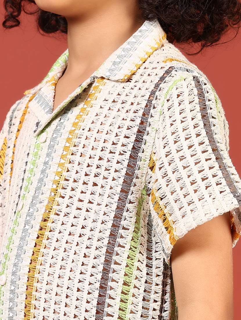 boys cream striped cuban collar shirt - 21710626 - Standard Image - 2