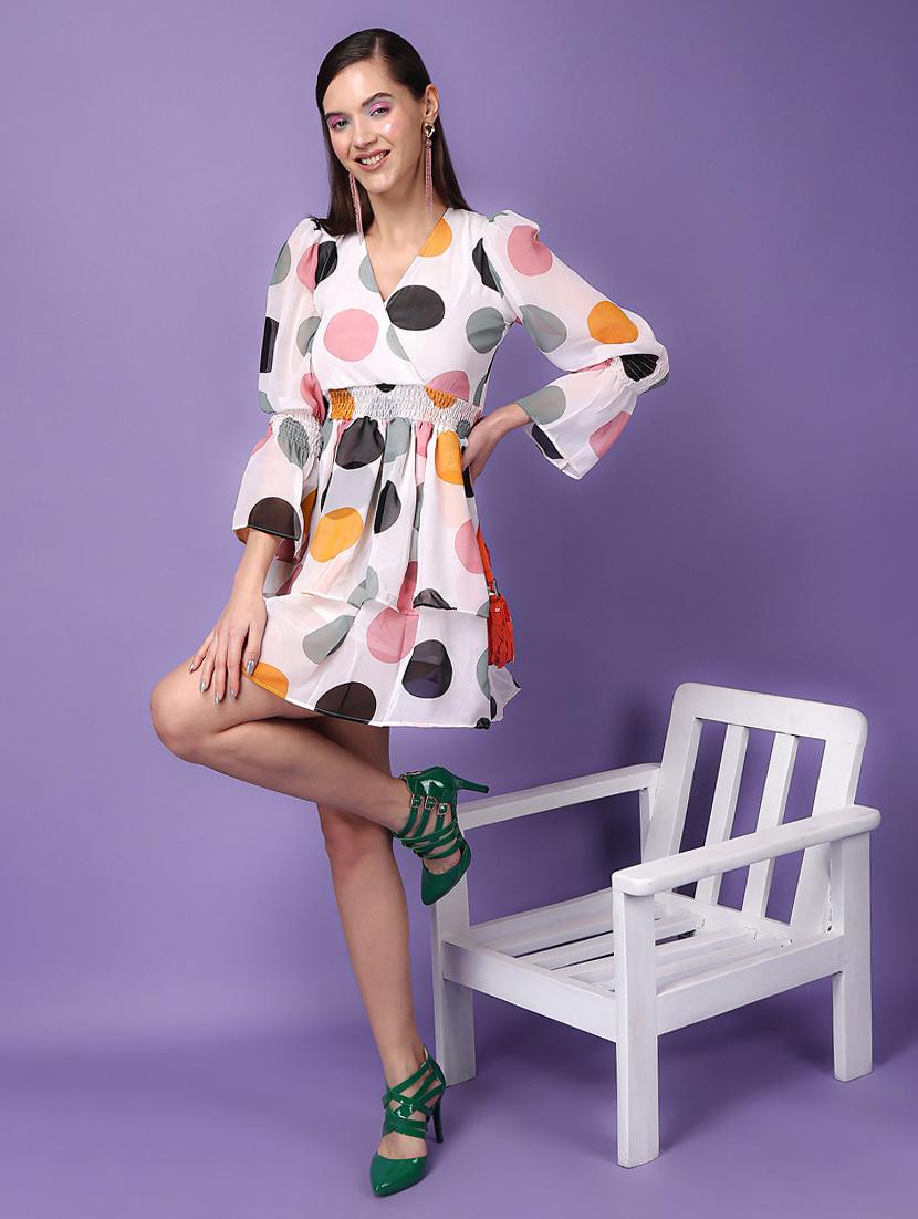 women polka doted bell sleeves layered dress