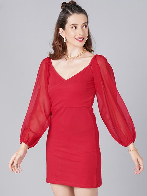 women solid puff sleeves bodycon dress - 21711064 -  Standard Image - 0