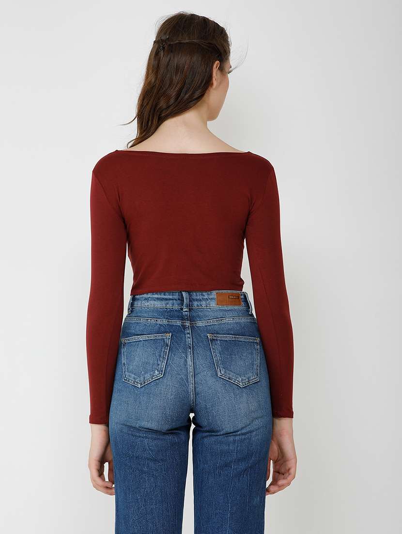 women solid long sleeves crop top - 21711117 -  Standard Image - 2