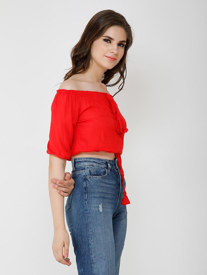 women solid off shoulder crop top - 21711118 - Standard Image - 2