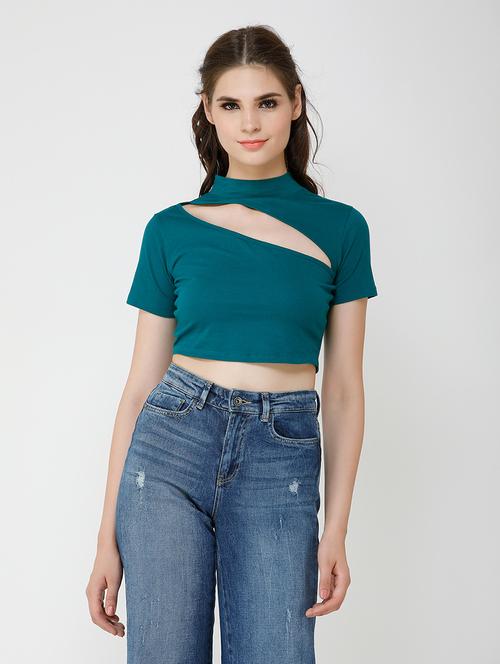 women solid cut out detailed short sleeves crop top - 21711128 - Standard Image - 0
