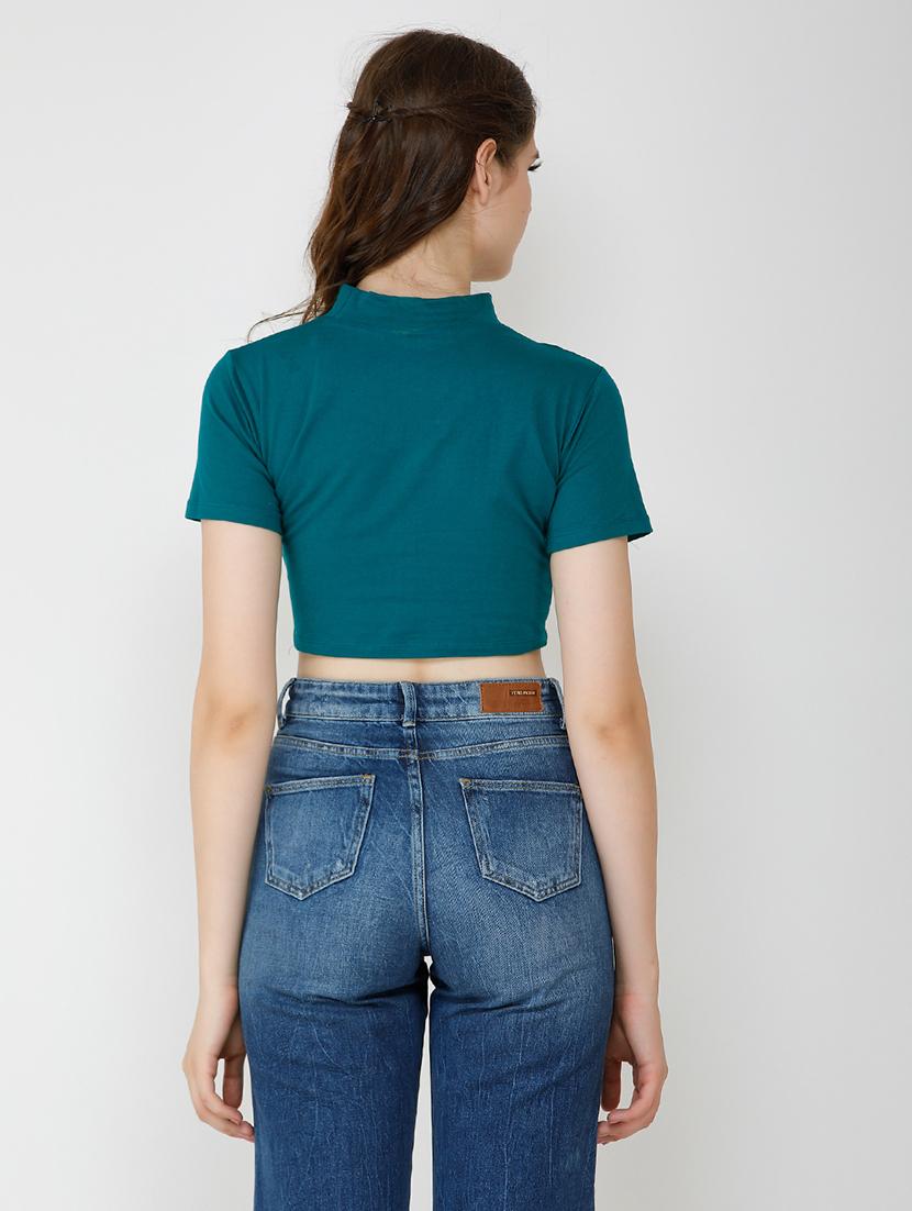 women solid cut out detailed short sleeves crop top - 21711128 - Standard Image - 2