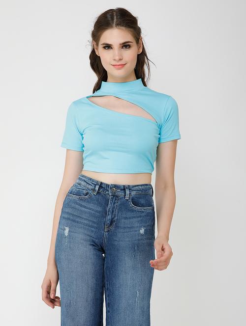 women solid cut out detailed short sleeves crop top - 21711129 -  Standard Image - 0