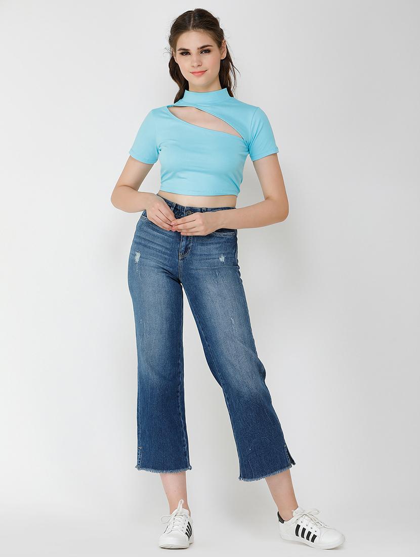 women solid cut out detailed short sleeves crop top - 21711129 - Standard Image - 2