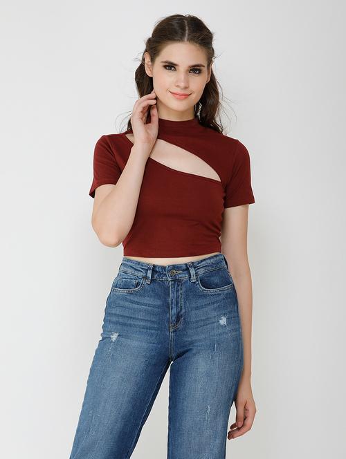 women solid cut out detailed short sleeves crop top - 21711131 - Standard Image - 0