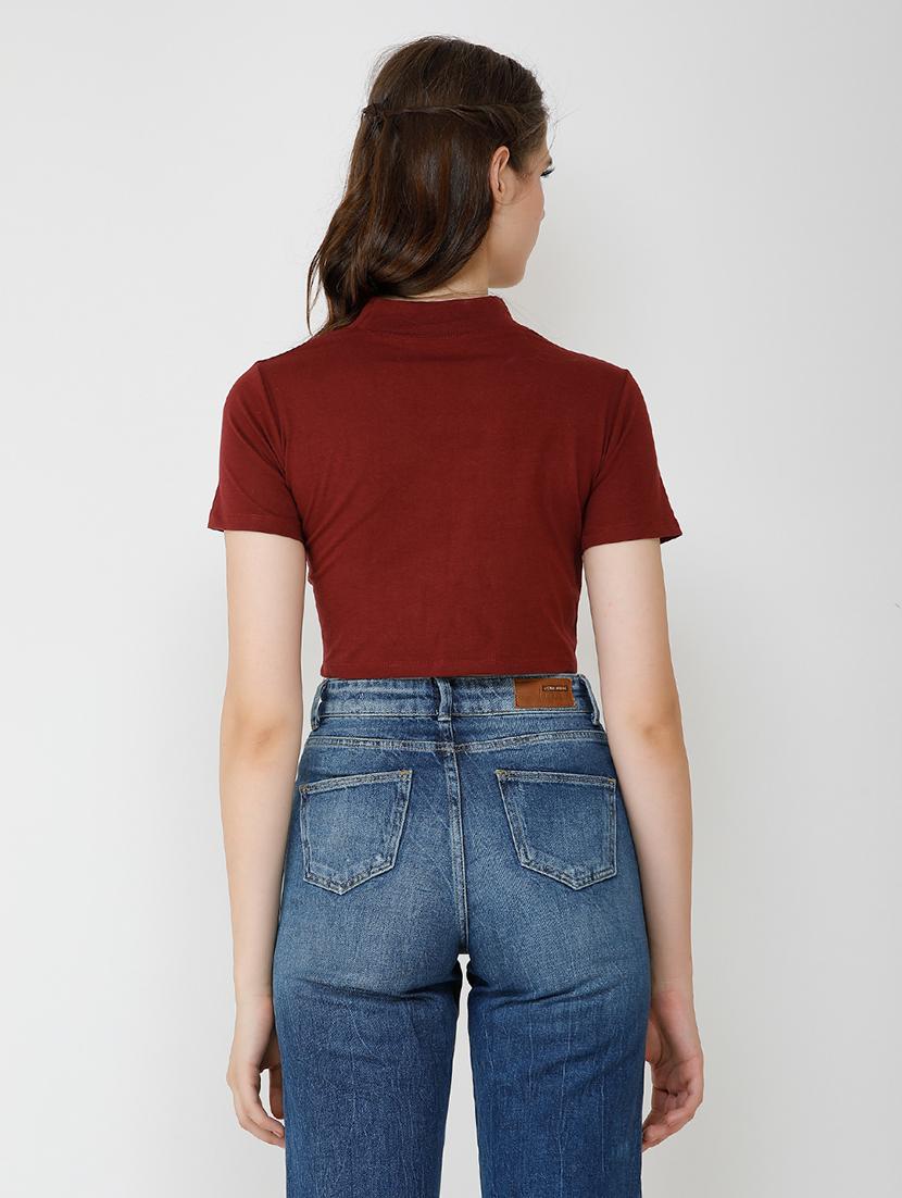 women solid cut out detailed short sleeves crop top - 21711131 - Standard Image - 2