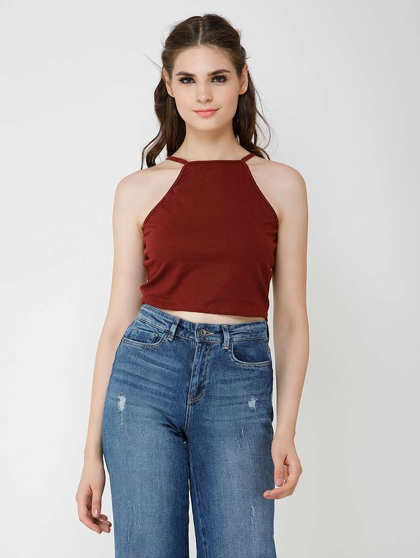 women solid halter neck sleeveless crop top