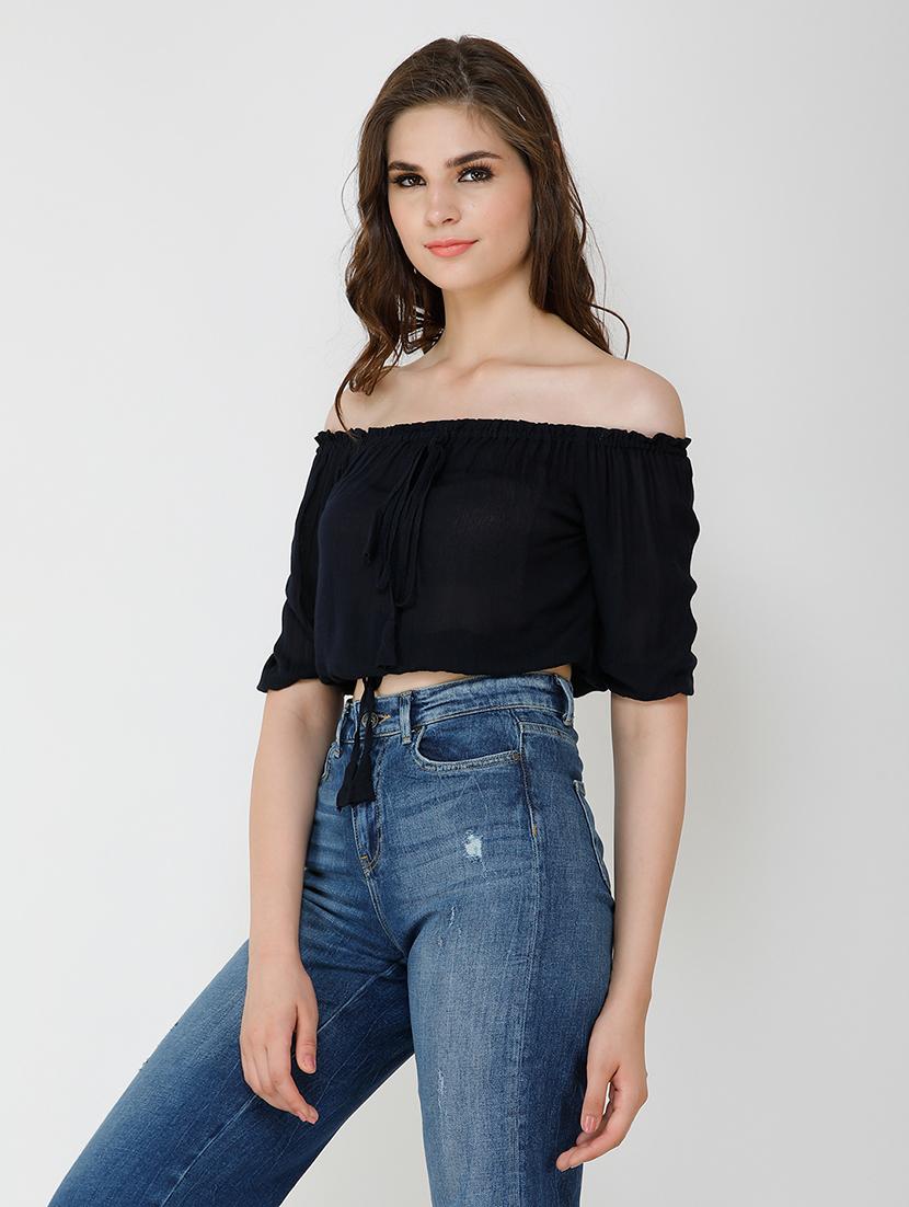 women solid off shoulder crop top - 21711142 - Standard Image - 2