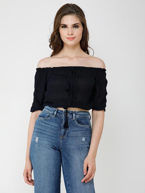 women solid off shoulder crop top - 21711207 - Standard Image - 0