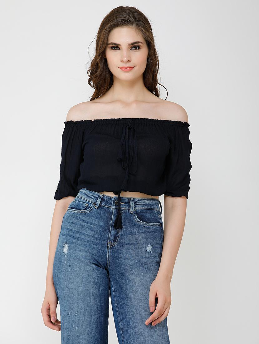 women solid off shoulder crop top - 21711207 - Zoom Image - 0