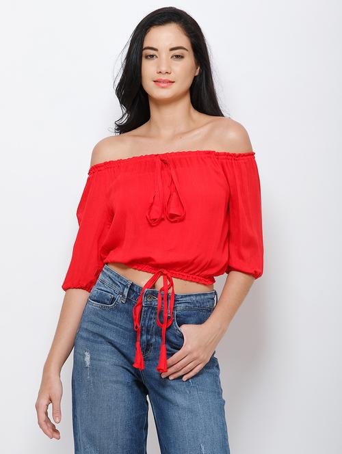 women solid off shoulder crop top - 21711208 -  Standard Image - 0