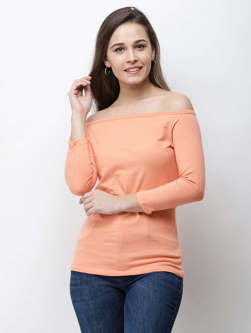 women solid off shoulder long sleeves top
