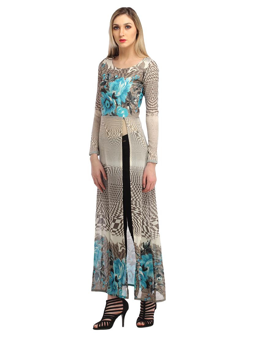 women printed long sleeve front slit long tunic - 21711274 - Standard Image - 2