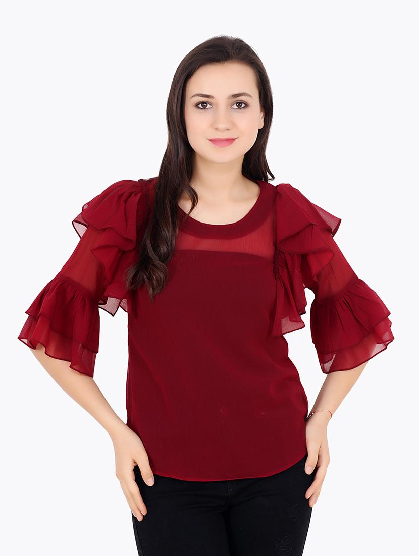 women solid ruffled sleeves regular top - 21711316 - Zoom Image - 0