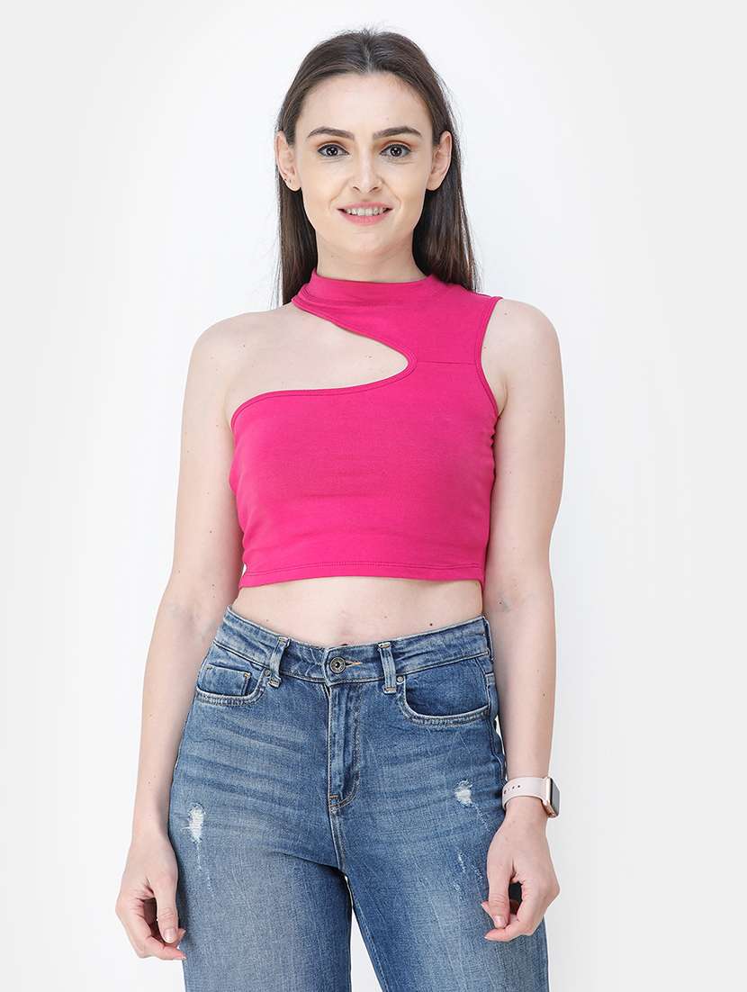women solid single shoulder crop top