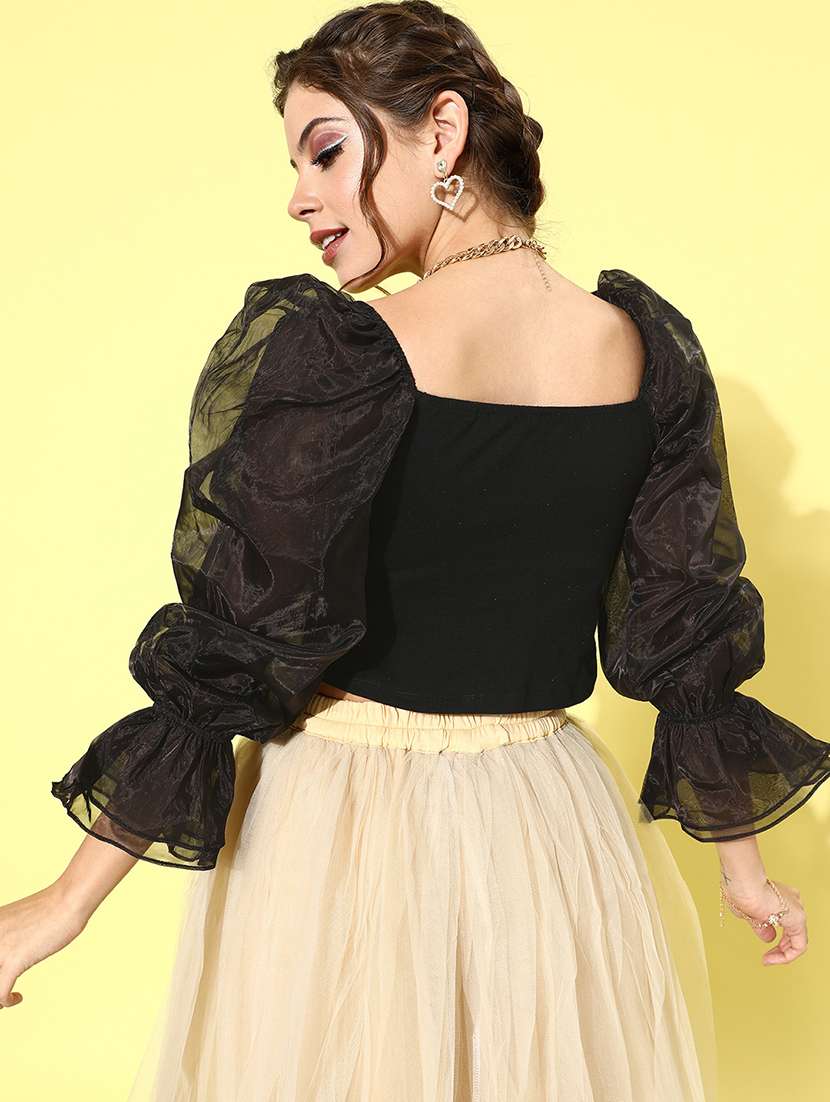 women solid puff sleeves crop top - 21711431 -  Standard Image - 2