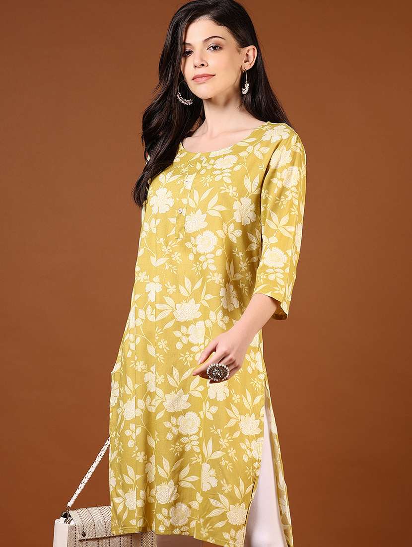 women floral printed three quarter sleeve straight kurta - 21711678 -  Standard Image - 2