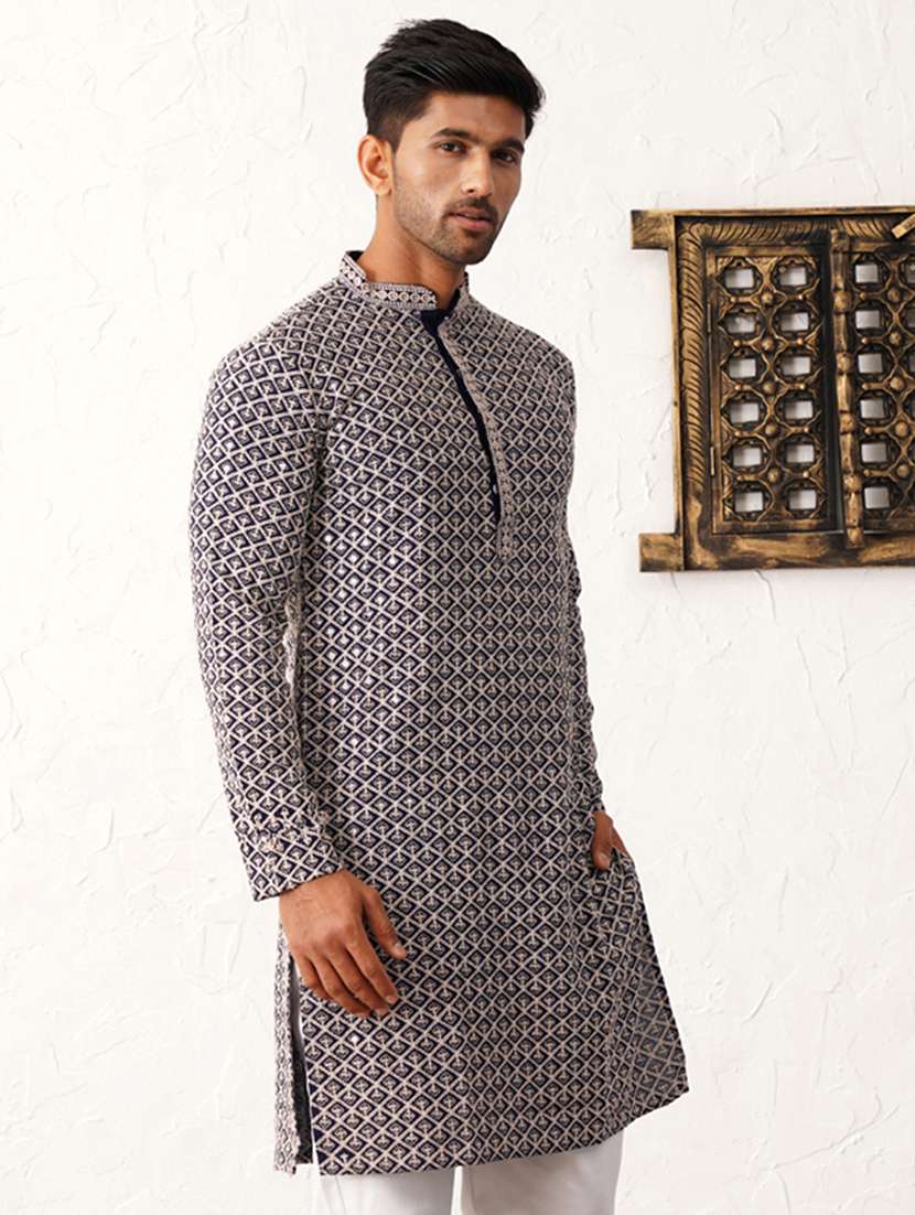 men mandarin neck embroidered kurta pyjama set - 21711770 -  Standard Image - 2