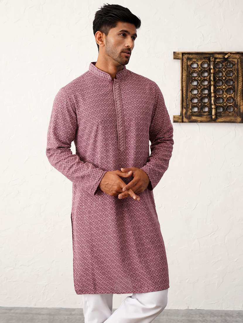 men mandarin neck embroidered kurta pyjama set - 21711771 - Standard Image - 2