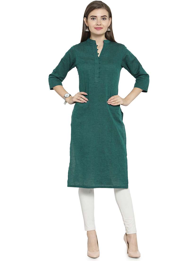 women solid three quarter sleeve straight kurta