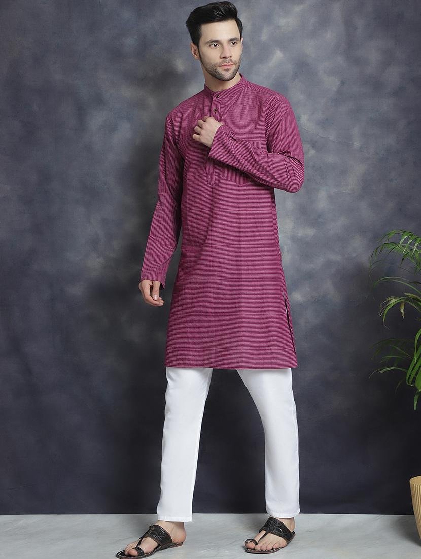men mandarin neck striped long kurta - 21712144 - Standard Image - 2