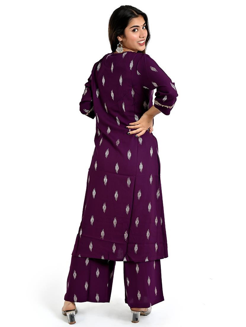 women purple ikat round neck kurta palazzo set - 21712232 - Standard Image - 2