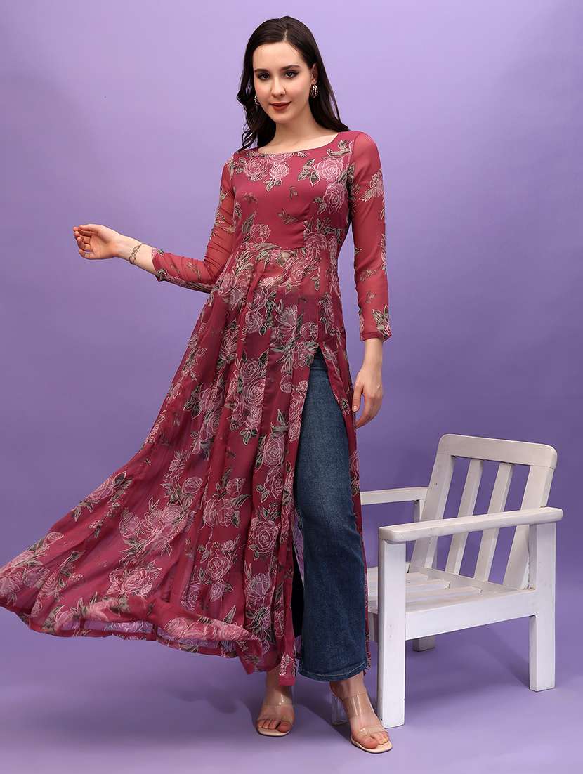women printed long side slit tunic