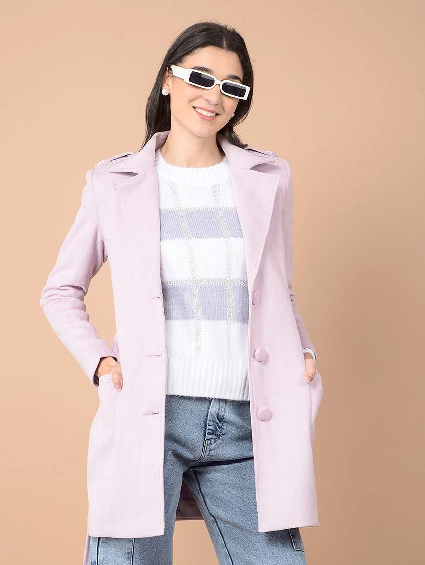 women solid long sleeve trench coat