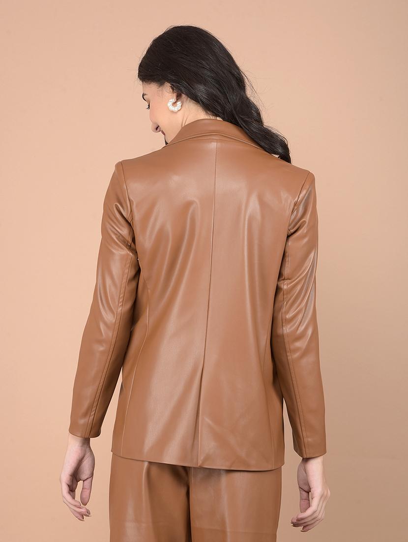 women solid long sleeve leather coat - 21713443 - Standard Image - 2