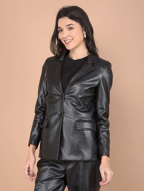 women solid long sleeve leather coat - 21713444 - Standard Image - 0